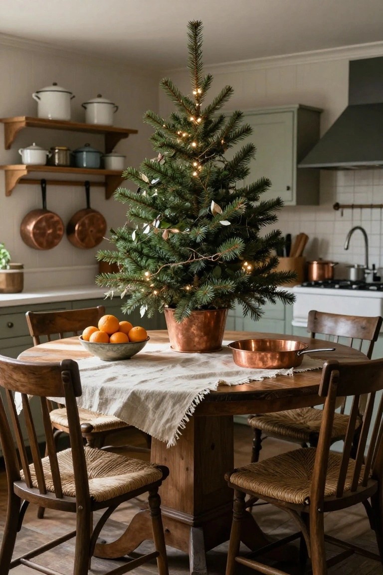 Small lit Christmas tree in a copper pot centered on a wooden round dining table in a kitchen with wooden chairs, copper cookware on walls and shelves, and bowls of oranges nearby.