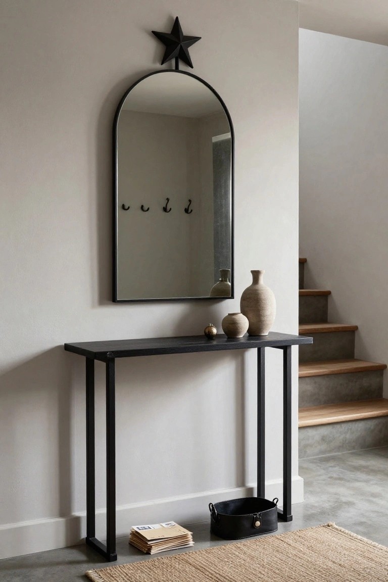 Neutral-toned entryway with black arched mirror on wall, black metal star mounted above mirror, slim black console table holding two ceramic vases and a small brass bell, wall hooks beside mirror, leather basket on floor, stack of mail, beige rug, and wooden stairs nearby.