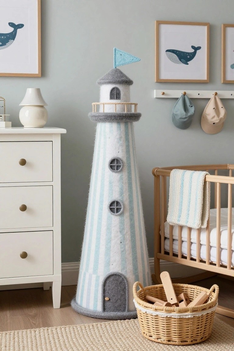 Tall handmade felt lighthouse cat house with white and light blue stripes, gray roof, and blue pennant flag on top, placed in a light gray nursery beside a wooden crib, white dresser, whale art on walls, and wicker basket of wooden toys.