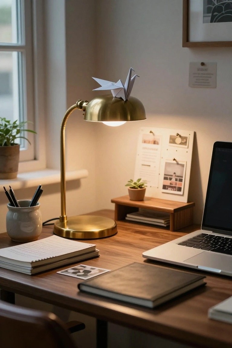 Wooden desk setup with open MacBook laptop, stacked notebooks, brass gooseneck lamp topped with white origami crane on the shade, potted plants, pen holder, and window view.