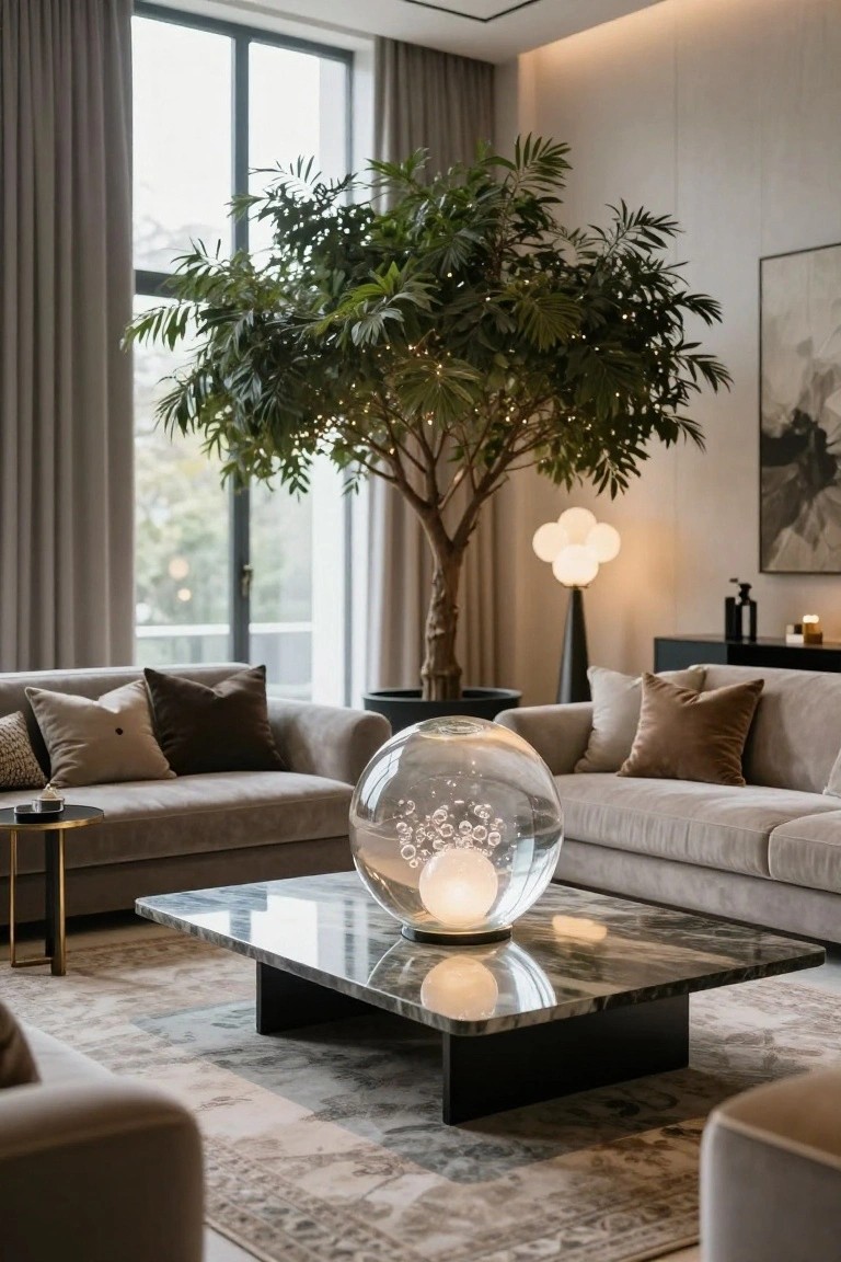Modern living room with light gray sofas, black marble coffee table holding a large clear glass orb with internal lights, tall potted palm tree strung with fairy lights, floor lamps, and a large window with gray curtains.