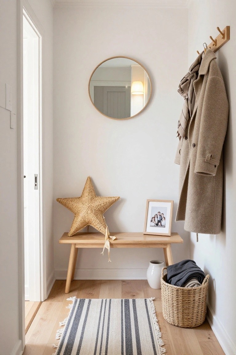 Small white entryway with wooden bench holding a large woven straw star decoration, round mirror on wall, coat rack with beige coat and scarf, framed family photo, white vase, wicker basket with folded blankets, and striped rug on light wood floor.