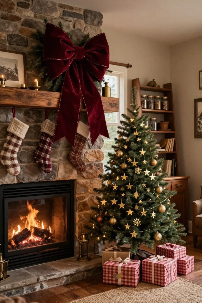 Cozy interior with stone fireplace, four colorful stockings hanging from wooden mantel, small Christmas tree decorated with gold star garlands and ornaments, wrapped plaid gifts on wood floor, and candles nearby.
