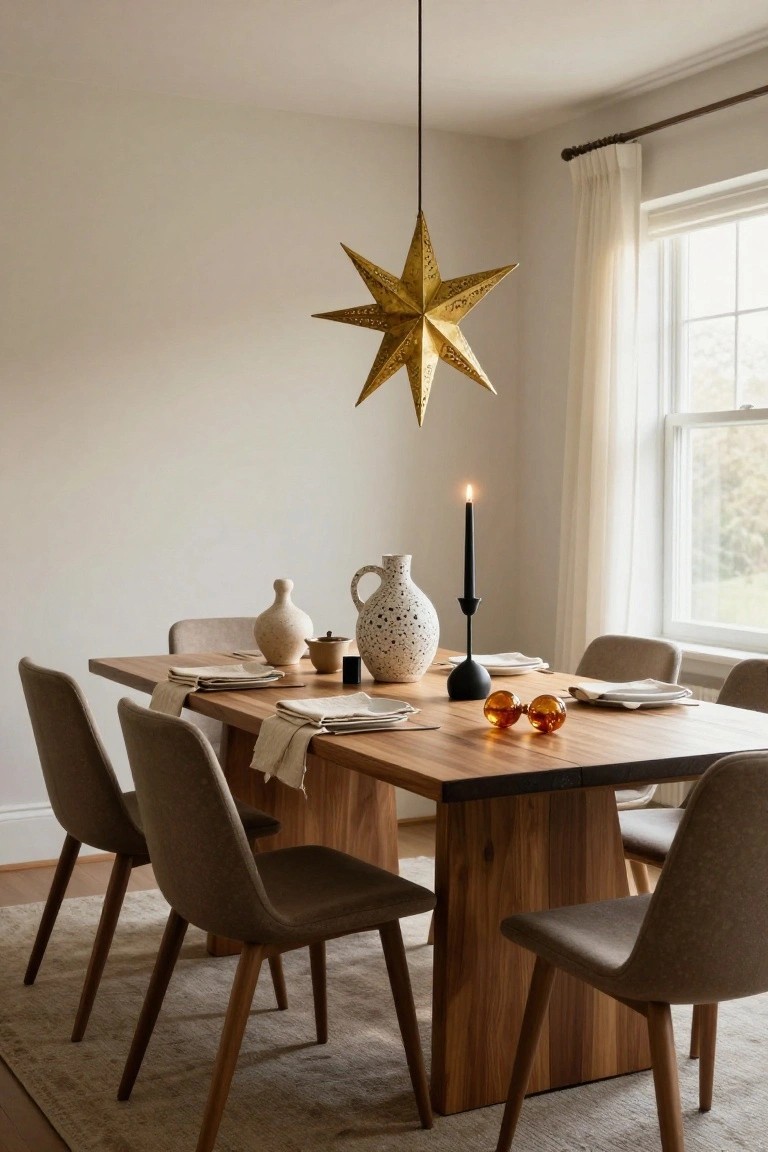 Dining room with beige upholstered chairs around a wooden table set with beige linens, ceramic vases, orange glass orbs, and a black candlestick, under a large golden star-shaped pendant light, beside a window with sheer curtains.