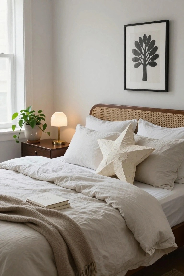 Bedroom interior featuring a bed with white linens, a large textured white paper star ornament on top, wooden nightstand with potted plant and globe lamp, and black tree print on gray wall.