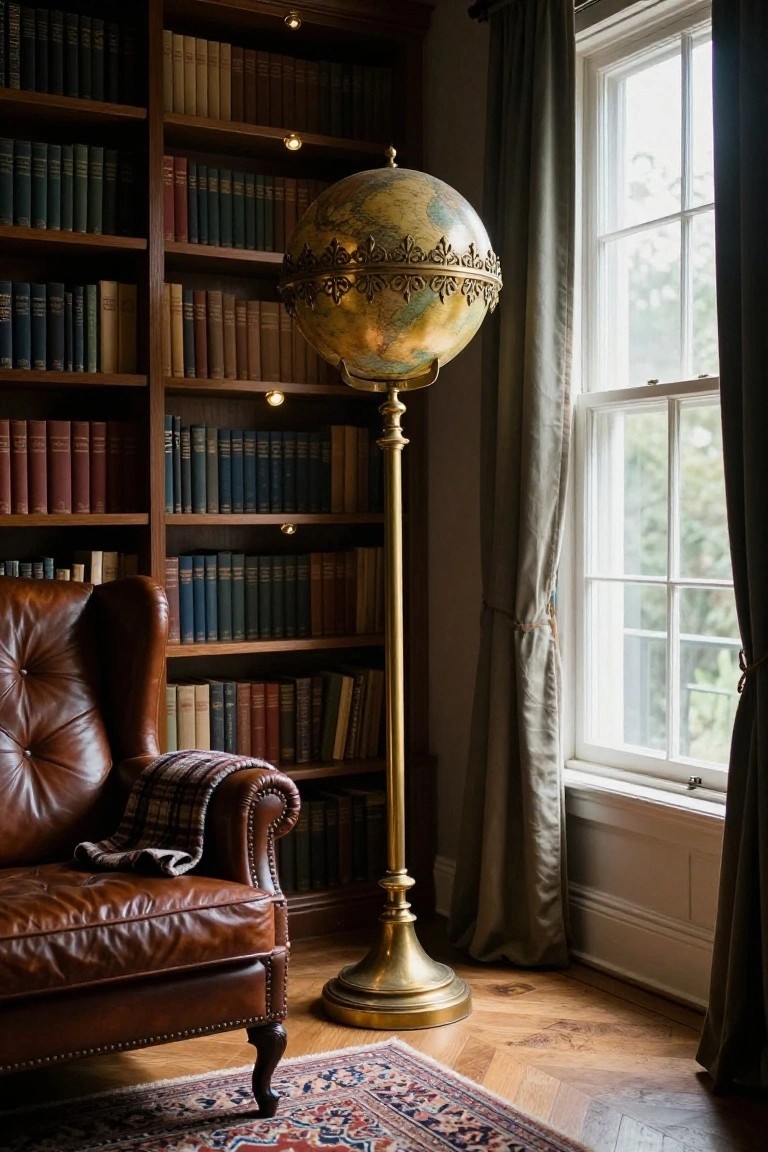 Wooden bookshelves lined with leather-bound books in a cozy library room, featuring an ornate brass globe floor lamp, tan leather armchair with plaid throw, hardwood floor, and window with gray drapes.