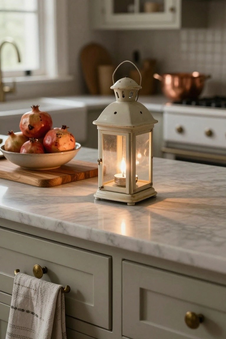 Close-up of a lit white metal lantern with candle on a marble kitchen countertop next to a white bowl of pomegranates, wooden cutting board, green cabinets, brass hardware, and copper pot in background.
