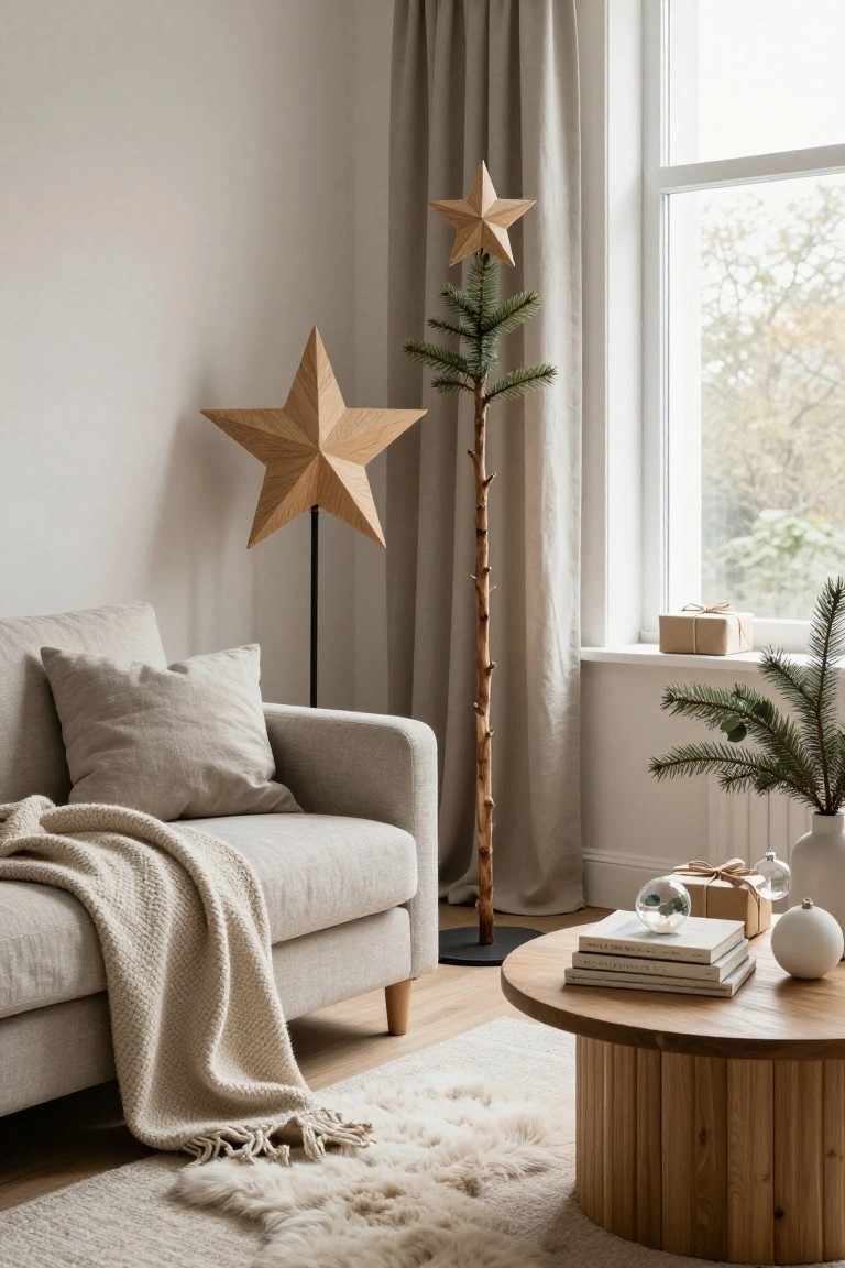Light neutral living room corner with beige sofa draped in a cream throw, wooden coffee table stacked with books, slim potted Christmas tree topped with wooden star, large wooden star on stand nearby, and small gifts on windowsill.