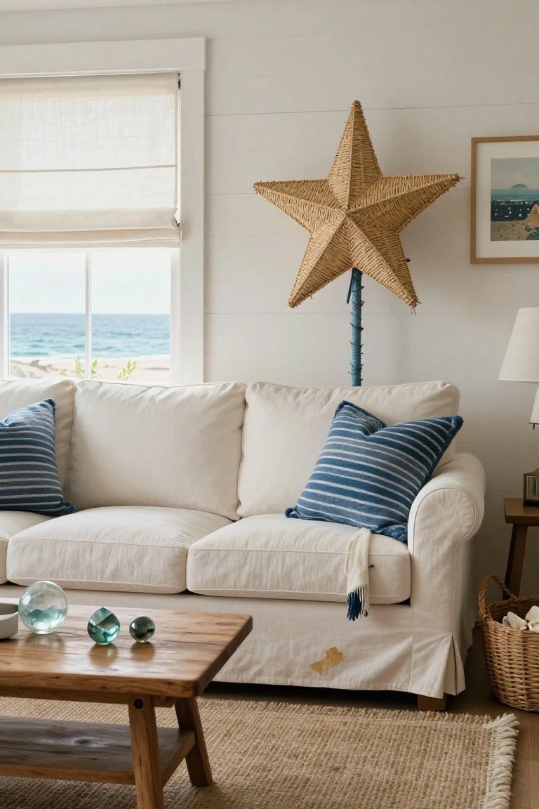 Living room with white slipcovered sofa, blue striped pillows, wooden coffee table holding glass orbs, tall woven star on blue pole stand, ocean view window, beige rug, and wicker basket.