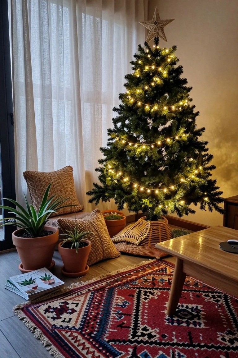 A Christmas tree topped with a light brown woven star and lit by warm string lights stands in a living room next to beige curtains, with potted plants, textured cushions, a rattan tree skirt, a red and beige rug, and a wooden side table nearby.
