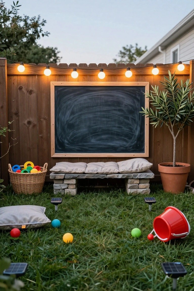 Wooden backyard fence strung with warm white globe string lights, large blank chalkboard mounted on the fence, stone bench with cushions, potted olive tree, wicker basket of colorful toys, scattered play balls and bucket on grass, solar stake lights in the yard at dusk.