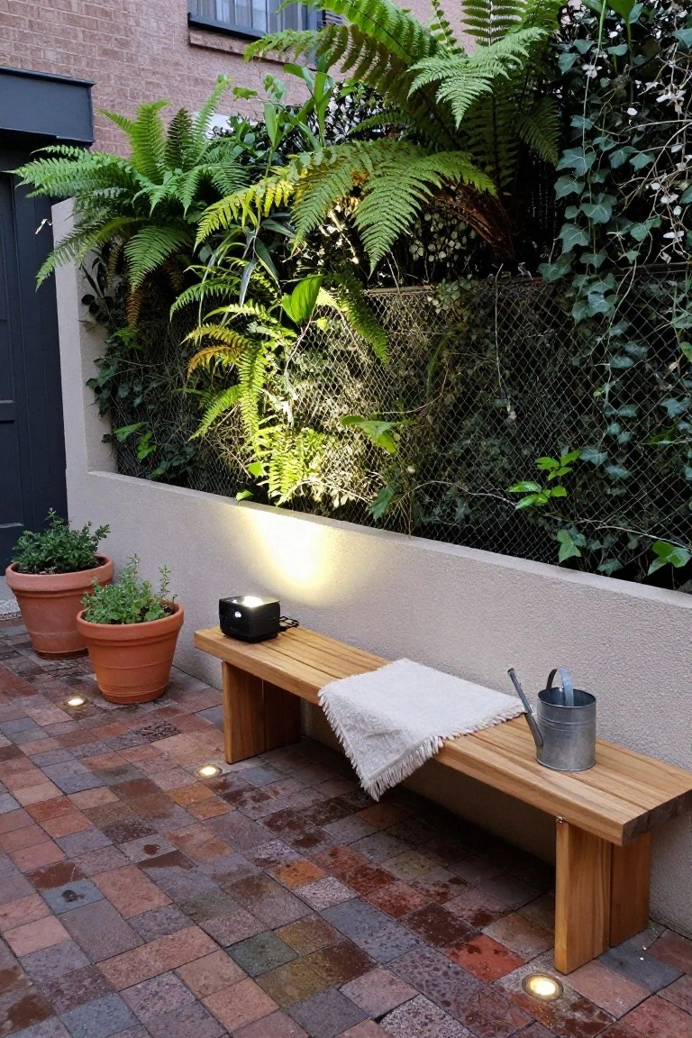 Outdoor patio on brick pavers featuring a wooden bench with white throw, metal watering can, potted herbs, small black illuminated box, lush fern-covered wall with chain-link fence, and small ground spotlights.