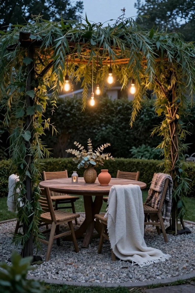 Wooden pergola draped with green willow branches and hanging Edison-style bulb lights above a round wooden table with four chairs, blankets, vases, and lanterns on a gravel patio surrounded by hedges and plants.
