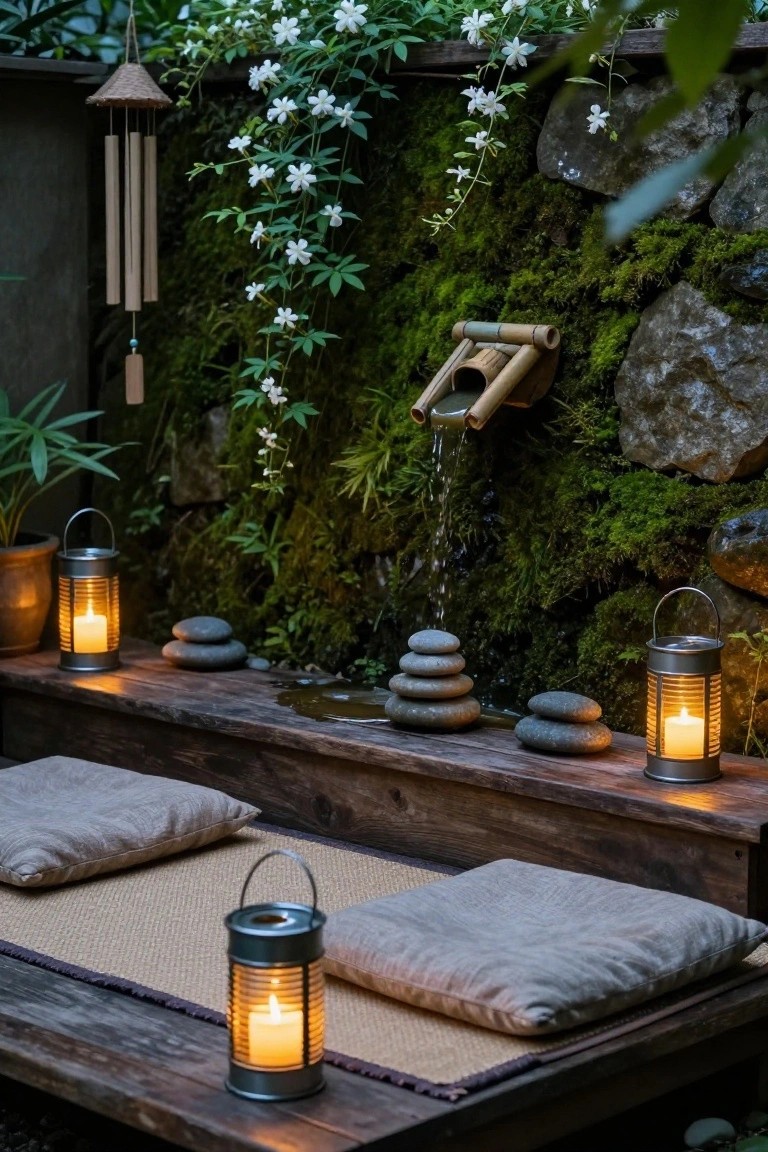 Outdoor patio with low wooden table holding gray cushions on tatami mat, several metal lantern candles with lit flames, stacked gray stones, shallow water basin, bamboo fountain on moss-covered stone wall with white flowering vines, potted plants, and hanging wind chimes.