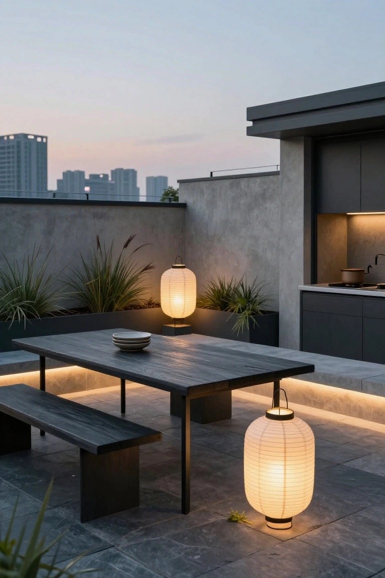 Rooftop terrace at dusk with dark wooden rectangular dining table and benches, potted grasses and plants, outdoor kitchen cabinets, and several lit white paper lanterns on dark tiled flooring, city high-rises in background.