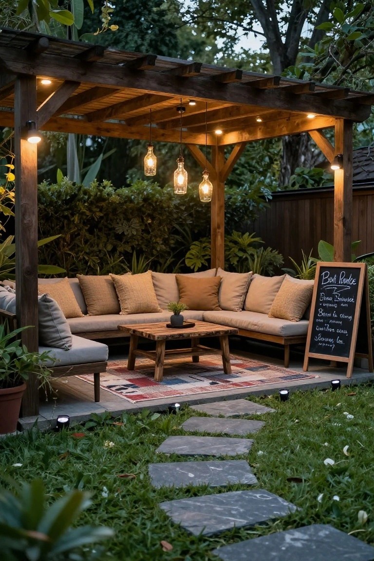 Wooden pergola structure with hanging glass pendant lights and warm string lights illuminating a beige L-shaped outdoor sofa, wooden coffee table, potted plants, chalkboard sign, stone pathway, and surrounding tropical greenery and grass.