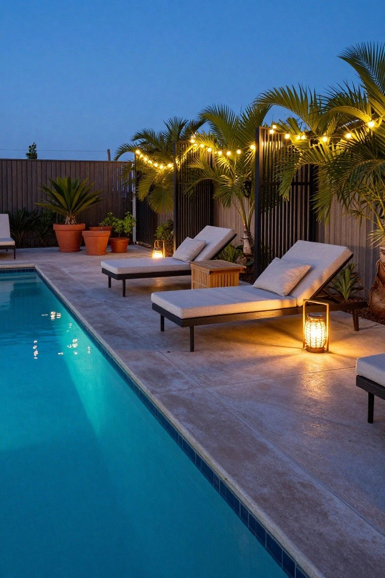 Outdoor pool at dusk with beige loungers on a tiled deck, potted plants and palm trees, black metal fence, string lights draped over palms and fence, and lanterns on tables and ground.