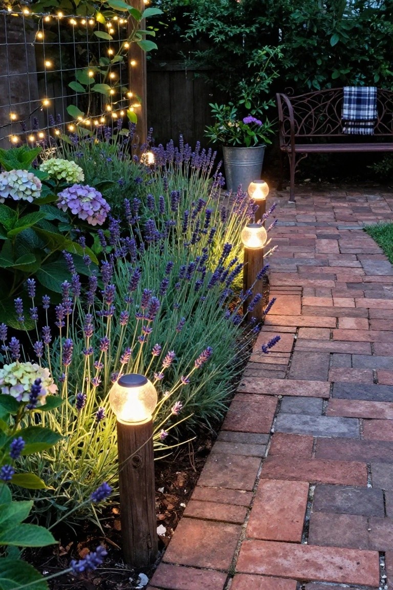 Brick garden path bordered by lavender and hydrangea plants with wooden stakes holding glowing solar globe lights, string lights on a wire fence, and a metal bench nearby.