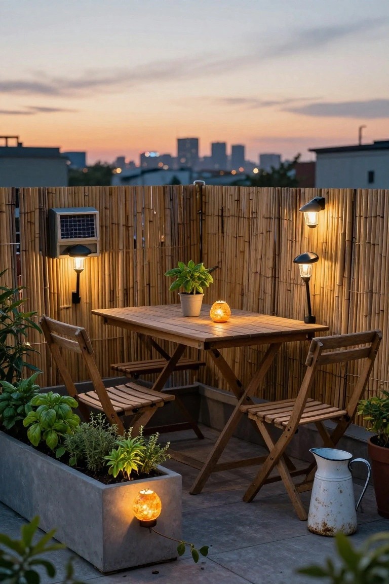 Balcony terrace at dusk featuring a wooden table with chairs, bamboo privacy fencing, potted herbs and plants, a metal pitcher, and multiple solar-powered lanterns and wall lights emitting warm yellow glows against a city skyline backdrop.