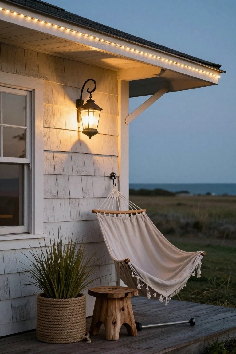White clapboard house porch at dusk with warm white LED string lights along the roof eaves, wall-mounted lantern lit, hanging white hammock, potted grass plant in rope basket, wooden stool, and ocean view.