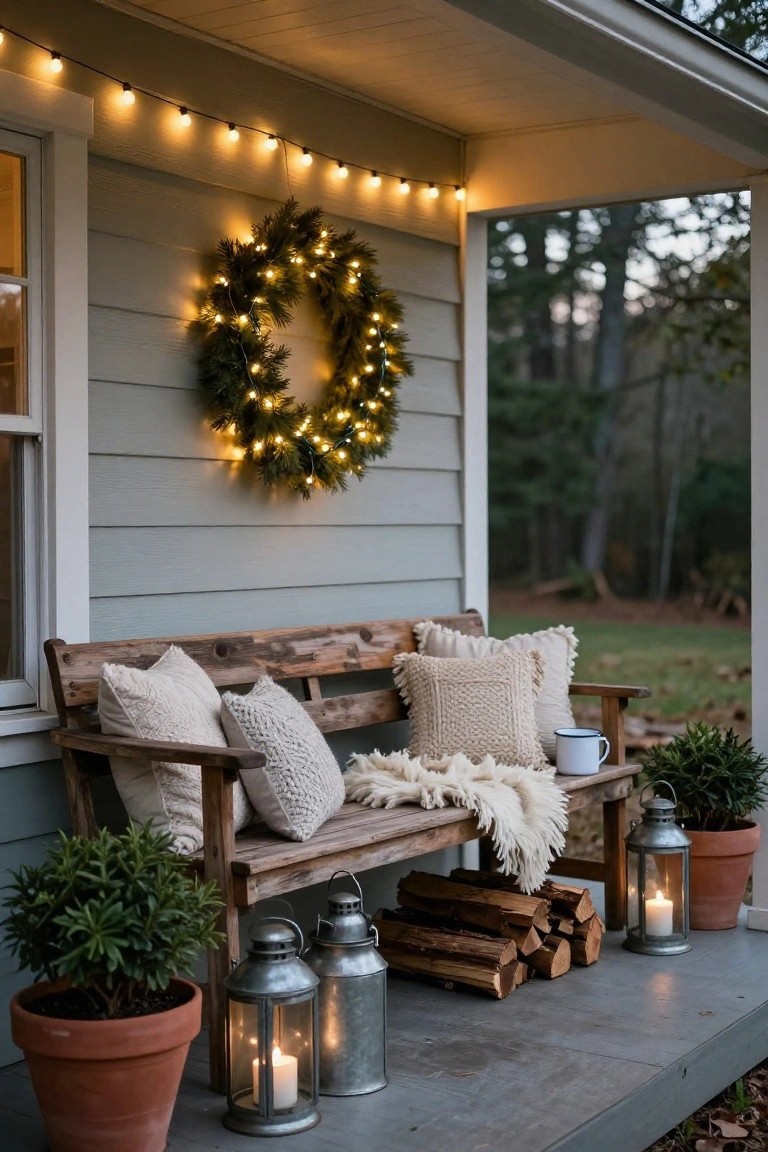Gray clapboard house porch with wooden bench covered in pillows and a throw blanket, potted plants on either side, stacked firewood, metal lanterns with candles, string lights along the eaves, and a lighted evergreen wreath on the wall.