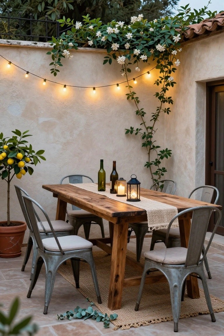 Outdoor patio dining setup with rustic wooden table, metal chairs with cushions, string lights along beige stucco wall, potted lemon tree, wine bottles, lanterns, and climbing vines.