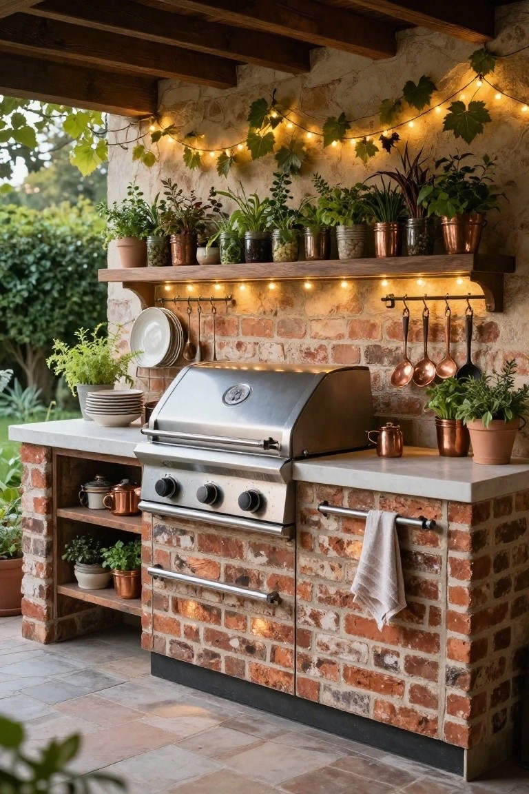 Outdoor kitchen setup with stainless steel grill on brick base, concrete countertop, potted plants, copper cookware hanging from shelves, and warm string lights draped through ivy on stucco wall under wooden beams.