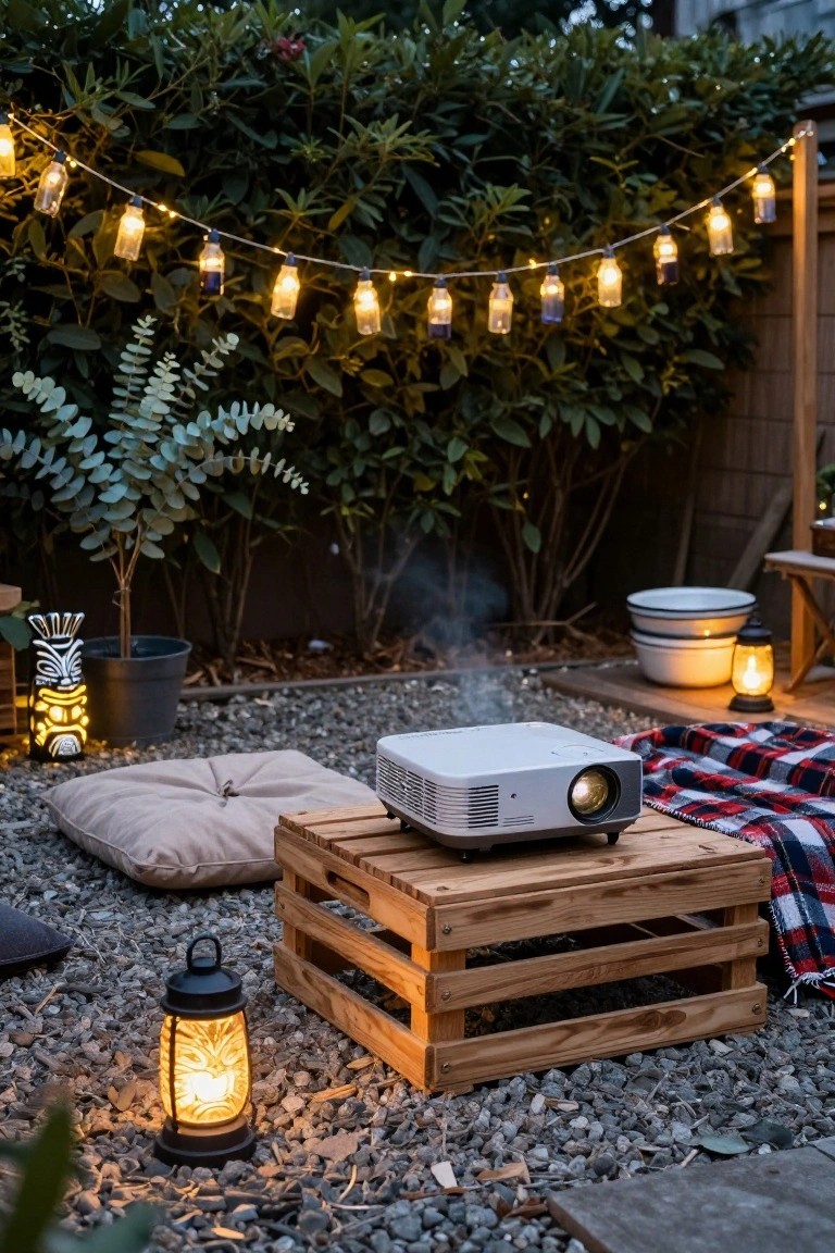 Backyard patio at dusk with string lights in glass jars and bottles hanging from a fence, a projector on a wooden crate stand projecting onto a picnic blanket with cushions, lanterns, tiki statues, eucalyptus plant in pot, stacked bowls, and smoke rising from a nearby fire pit.