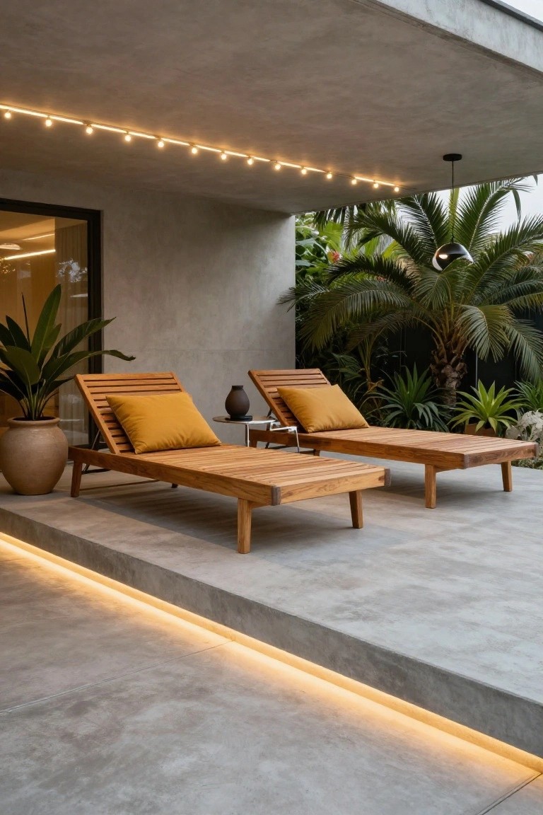 Two wooden lounge chairs with yellow cushions positioned on a concrete patio platform under a covered concrete structure lined with warm string lights, surrounded by potted plants, palms, and agaves.