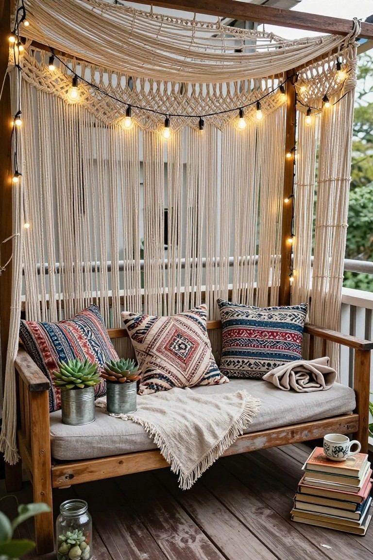 Beige macrame curtains draped from a wooden frame on a deck, with warm string lights woven through them over a wooden bench with colorful pillows, plants in metal cans, a gray blanket, stacked books, and a white mug.