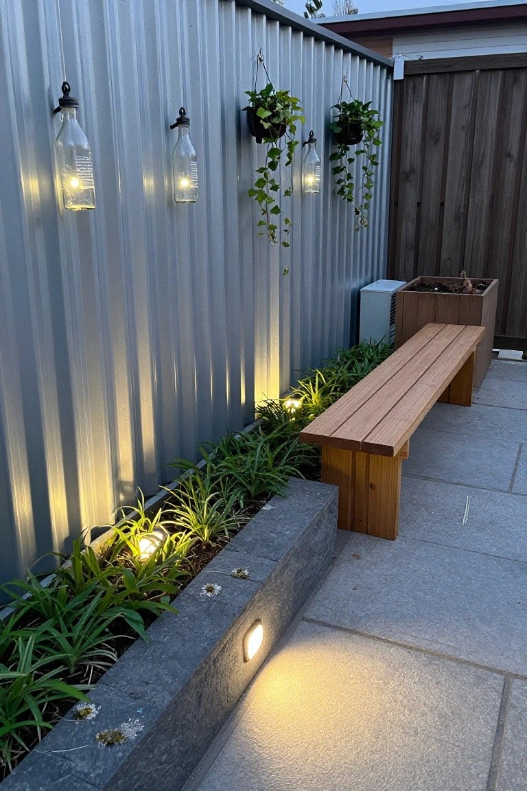 Backyard patio with corrugated metal fence lined by hanging clear glass bottle lights, a wooden bench beside stone-edged plant beds with green foliage, ground uplights, and paved stone flooring.
