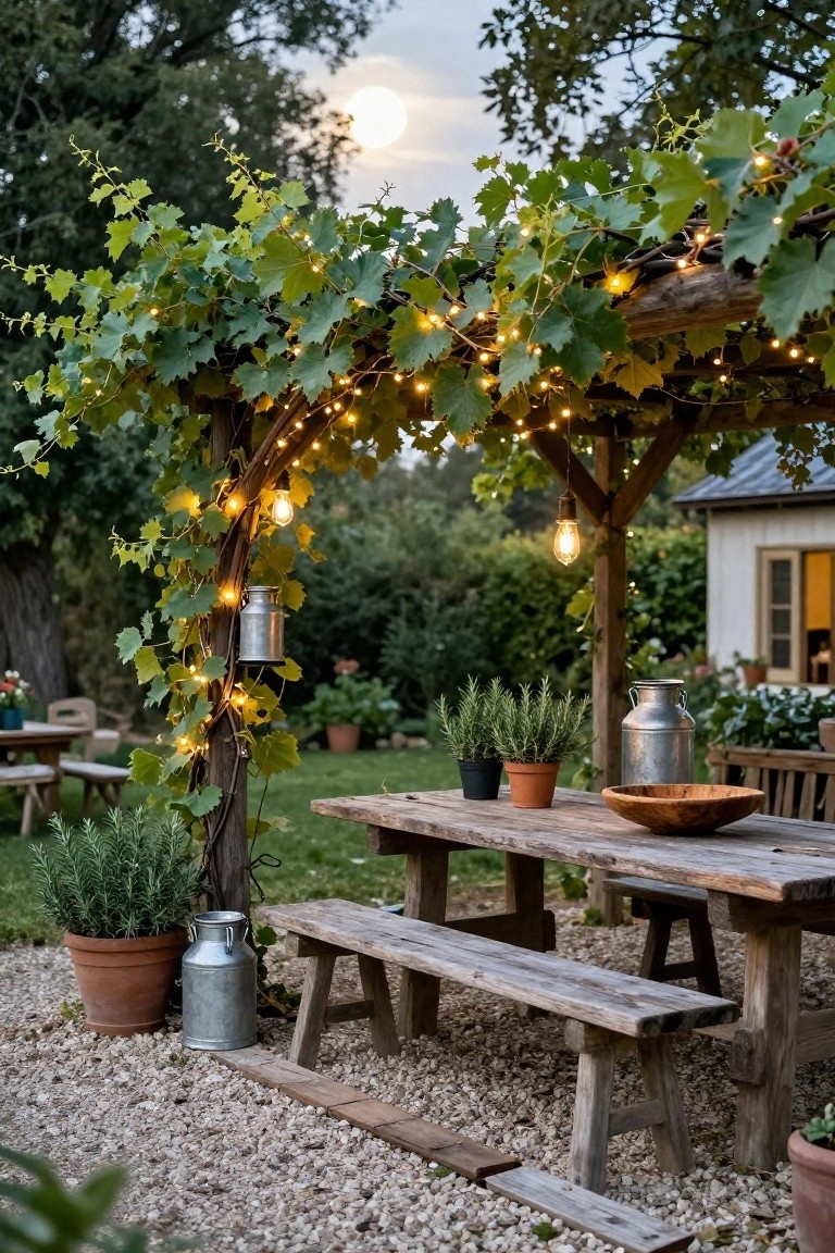 Wooden pergola covered in green grapevines and draped with warm string lights over a rustic wooden table and benches in a gravel garden area, with potted plants, milk cans, and a small house in the background at dusk.