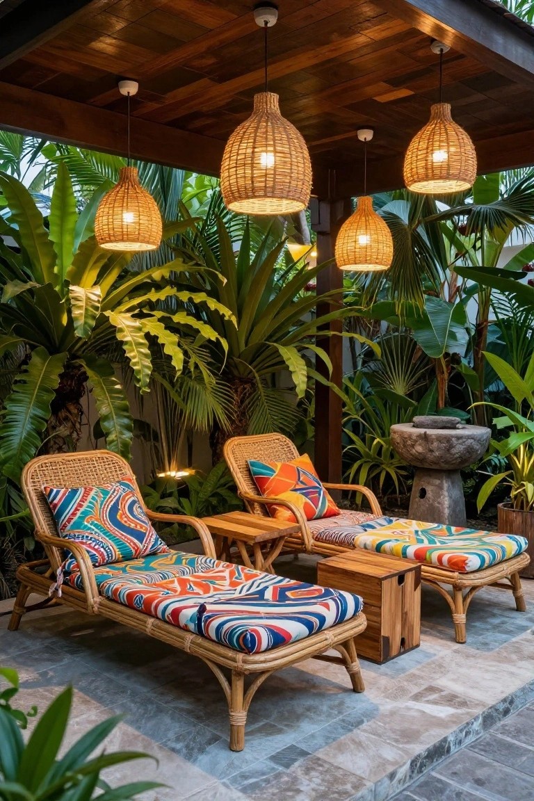 Outdoor patio under wooden pergola with four hanging rattan pendant lights illuminating two rattan lounge chairs with colorful patterned cushions, surrounded by lush tropical plants and a stone basin on gray tiled floor.