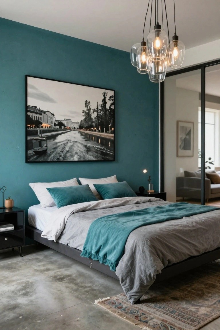 Modern bedroom with deep teal wall behind low platform bed covered in gray linens and teal throw, large framed black-and-white photo of riverside buildings, black nightstand, glass bubble chandelier, and polished concrete floor.