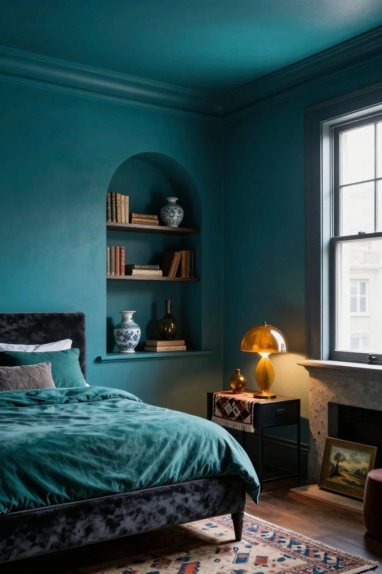 Bedroom with deep teal walls and ceiling, teal velvet upholstered bed, arched niche shelving holding books and blue-and-white porcelain vases, gold mushroom lamp on black bedside table next to marble fireplace, large window, and patterned rug on wood floor.