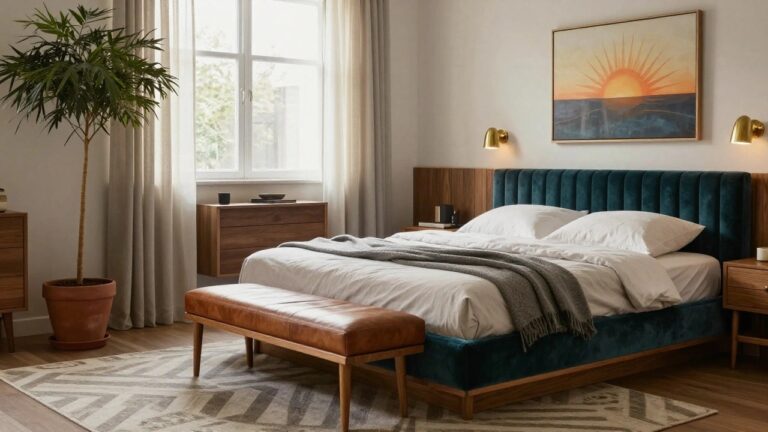 Bedroom with deep teal pleated velvet headboard against light vertical wood slat wall, wooden bed frame and furniture, potted tree plant near window with sheer curtain, beige rug on wood floor.