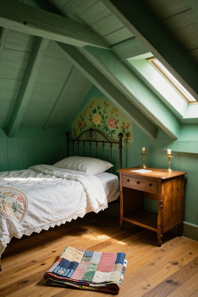 Small attic bedroom with teal-painted wooden walls and sloped ceiling beams, vintage black iron bed with white quilted bedding, wooden nightstand holding two brass candlesticks and a note, colorful patchwork quilt folded on wooden floor.