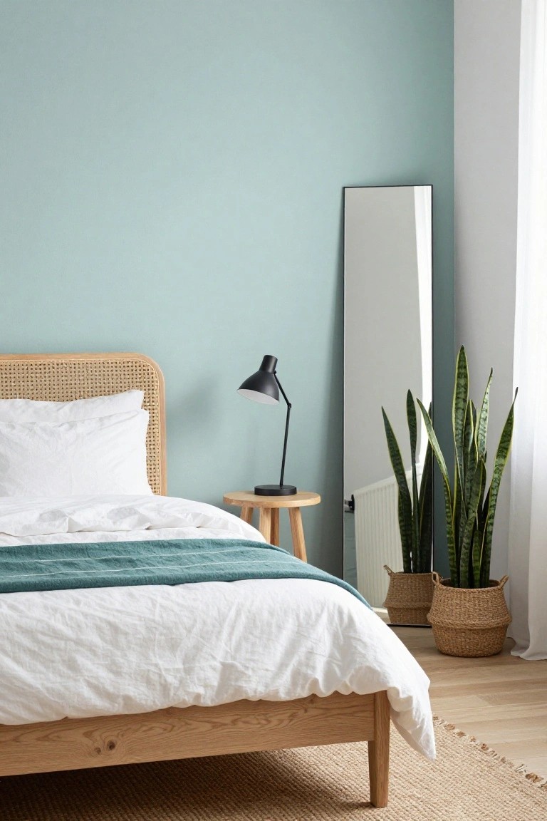 Bedroom with light teal walls, wooden bed frame featuring rattan headboard, white pillows and duvet with teal throw, wooden side table and black lamp, tall full-length mirror, two snake plants in wicker baskets, sheer window curtain, light wood floor, and jute rug.