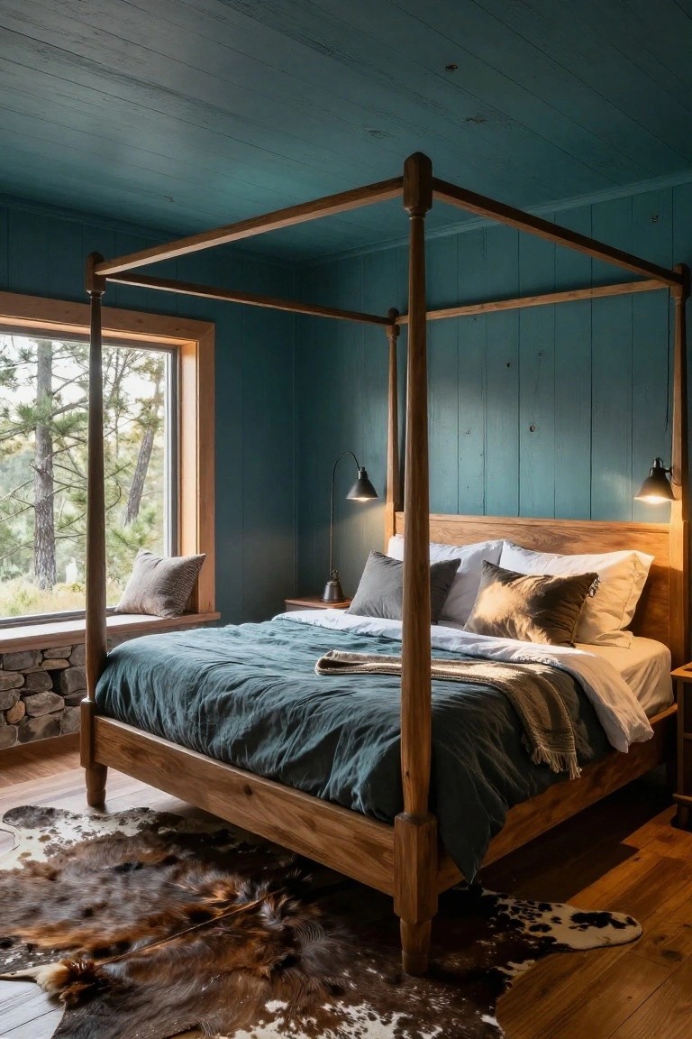 Bedroom with teal-painted wooden walls and ceiling, wooden four-poster bed with green linens and pillows, two black wall lamps, large window showing pine trees, stone windowsill, cowhide rug on wood floor.