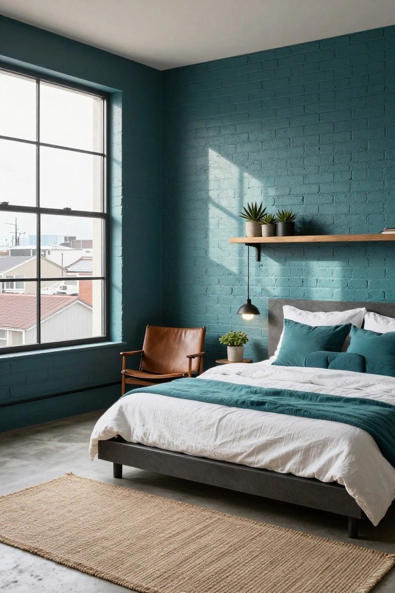 Bedroom with teal-painted exposed brick walls on two sides, large steel-framed window showing city view, low platform bed with white linens teal pillows and throw, tan leather chair, potted plants on wooden shelf, pendant light, seagrass rug, and concrete floor.