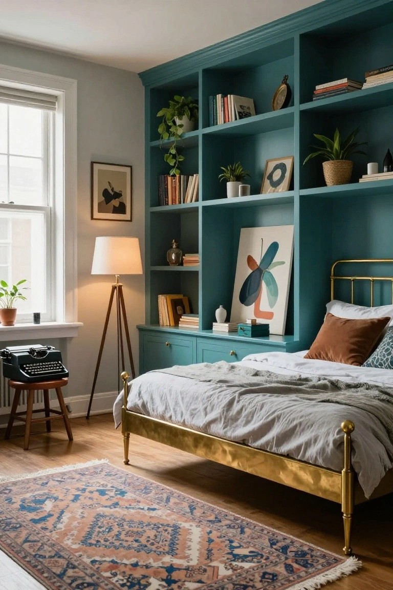 Bedroom with teal built-in shelving and cabinets around a gold metal bed frame, filled with books, plants, framed art, and decor, plus a desk, tripod lamp, and patterned rug on wood floors.