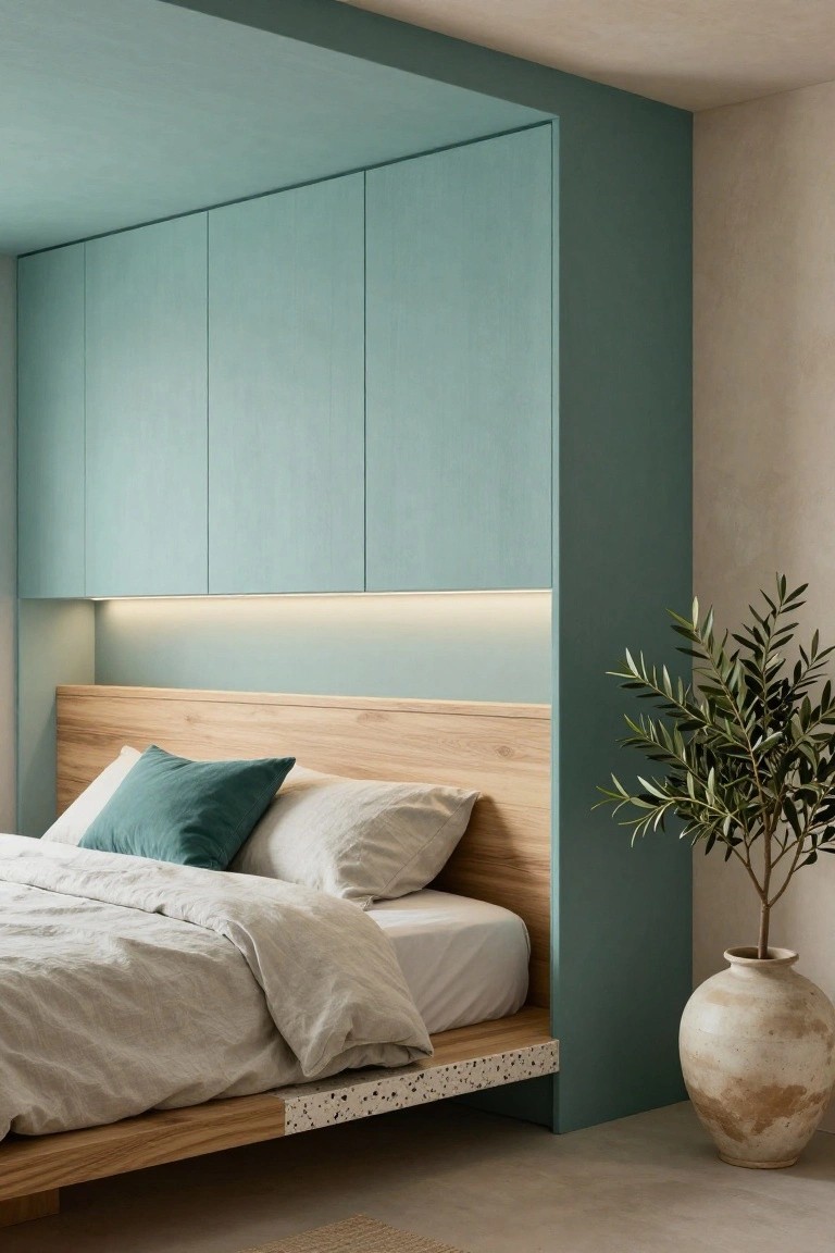 A bedroom with a platform bed made of light wood against a tall teal wardrobe with double doors, LED strip lighting above the headboard, an olive tree in a beige pot nearby, and light gray concrete floor.