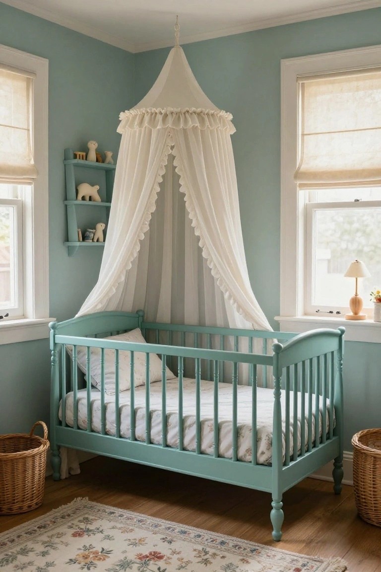 Teal wooden crib with white ruffled canopy in a light teal corner nursery room, with toy shelves on wall, linen shades on windows, and wicker baskets on floor.