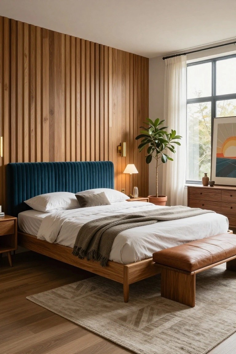 Bedroom with deep teal pleated velvet headboard against light vertical wood slat wall, wooden bed frame and furniture, potted tree plant near window with sheer curtain, beige rug on wood floor.