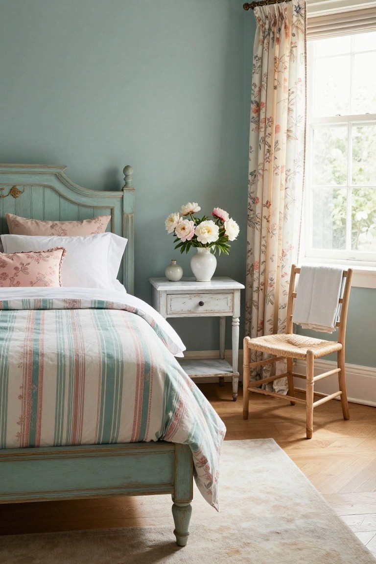 Bedroom corner with pale teal walls, a teal-painted wood bed frame with white and striped bedding, pink pillows, a white nightstand holding white flowers in a vase, a wooden chair with a towel, and floral curtains on a window over hardwood floors.