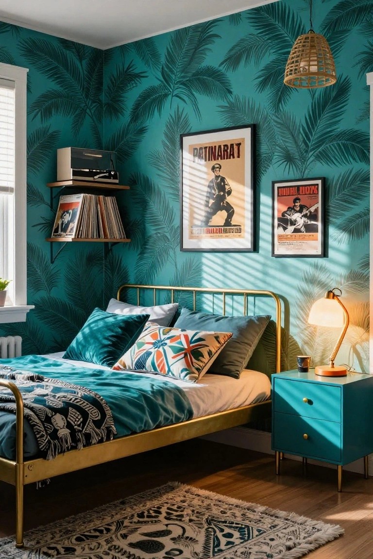 Bedroom interior with teal palm leaf wallpaper on walls, gold metal bed frame with teal bedding and patterned throw, turquoise nightstand with lamp, vintage posters, and record player shelf.