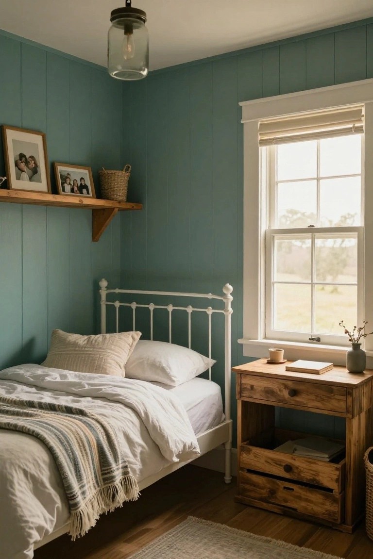 Small bedroom with teal vertical shiplap walls, white metal bed with white linens and striped throw, wooden nightstand holding a mug and book, floating wood shelf with photos and baskets, and large window with blinds overlooking fields.
