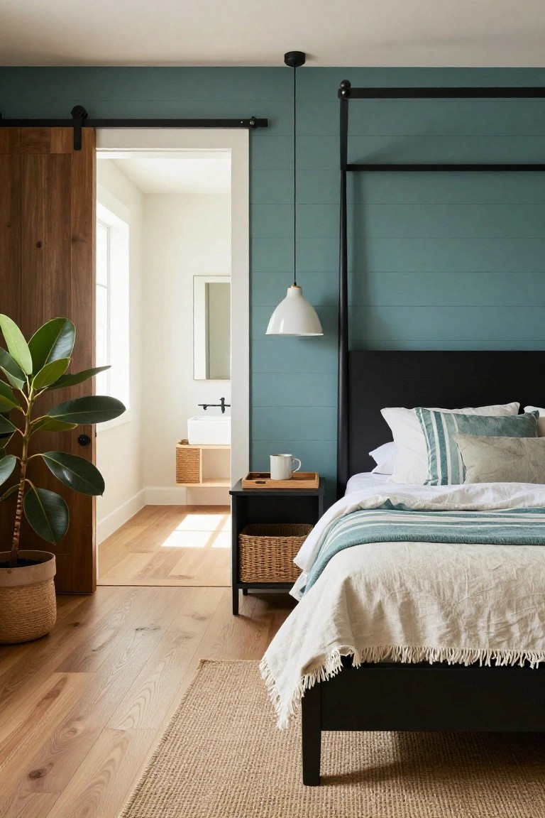 Bedroom interior with teal shiplap walls, black metal canopy bed frame, white and teal bedding, open wood sliding barn door to white bathroom with floating vanity, large potted plant, nightstand, and light oak hardwood floors.