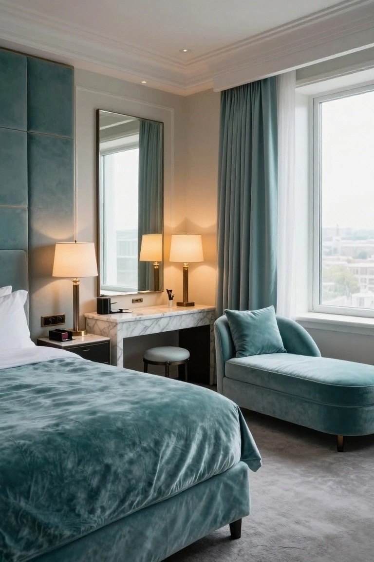 A hotel-style bedroom with teal velvet tufted headboard and bed, matching chaise lounge, marble vanity with lamps, and a large window showing a city view.