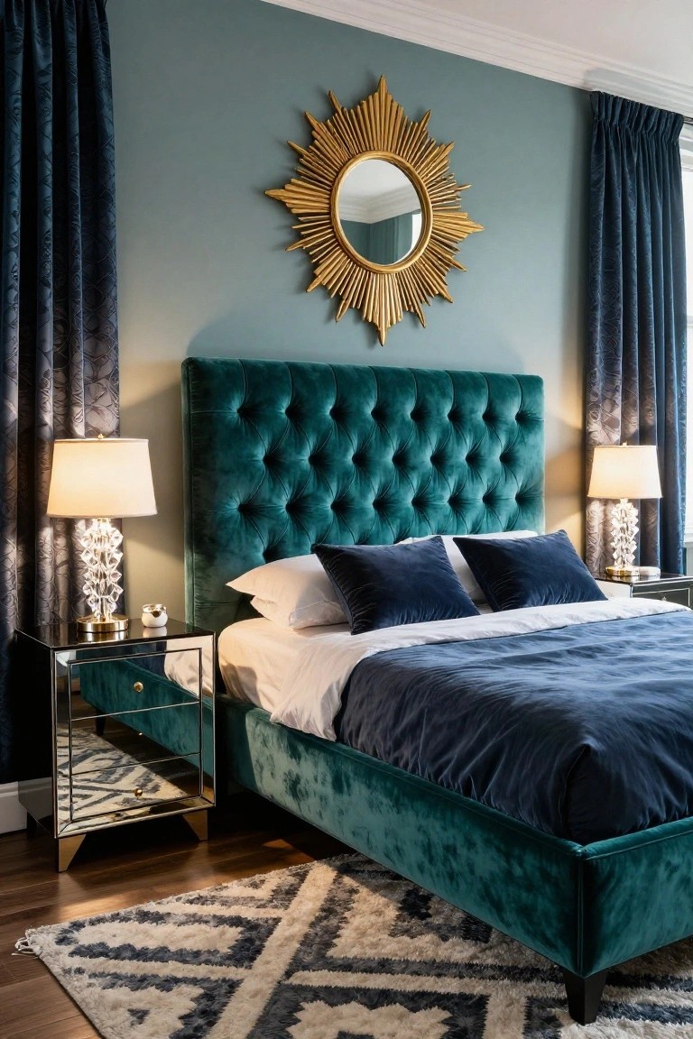 A bedroom with a teal velvet tufted bed frame and headboard, white sheets topped with navy pillows and duvet, flanked by mirrored nightstands with lamps, blue velvet curtains, a gold sunburst mirror on a teal wall, and a black-and-white geometric rug on wood floors.